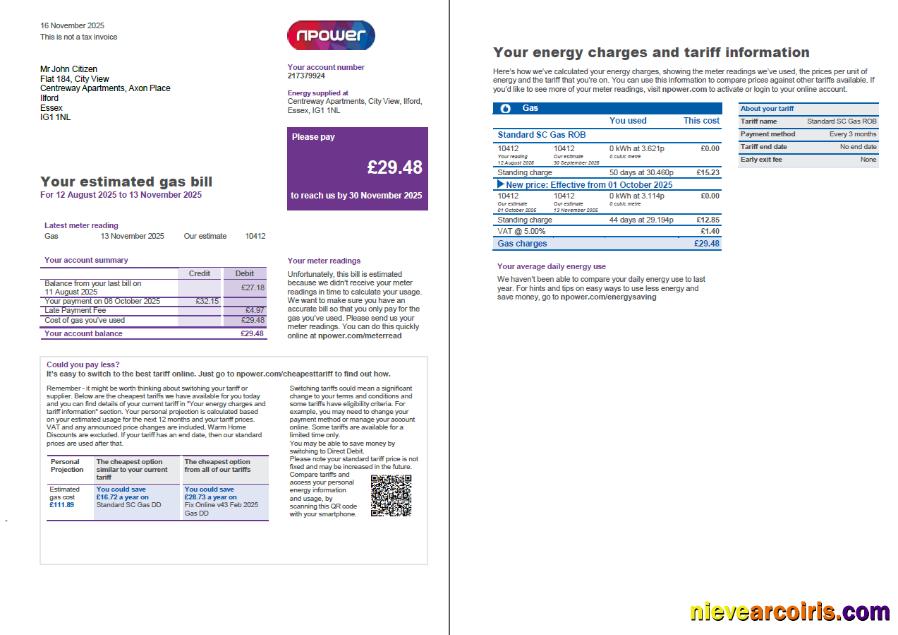 United Kingdom Npower utility bill, 3 pages, 1-2 page